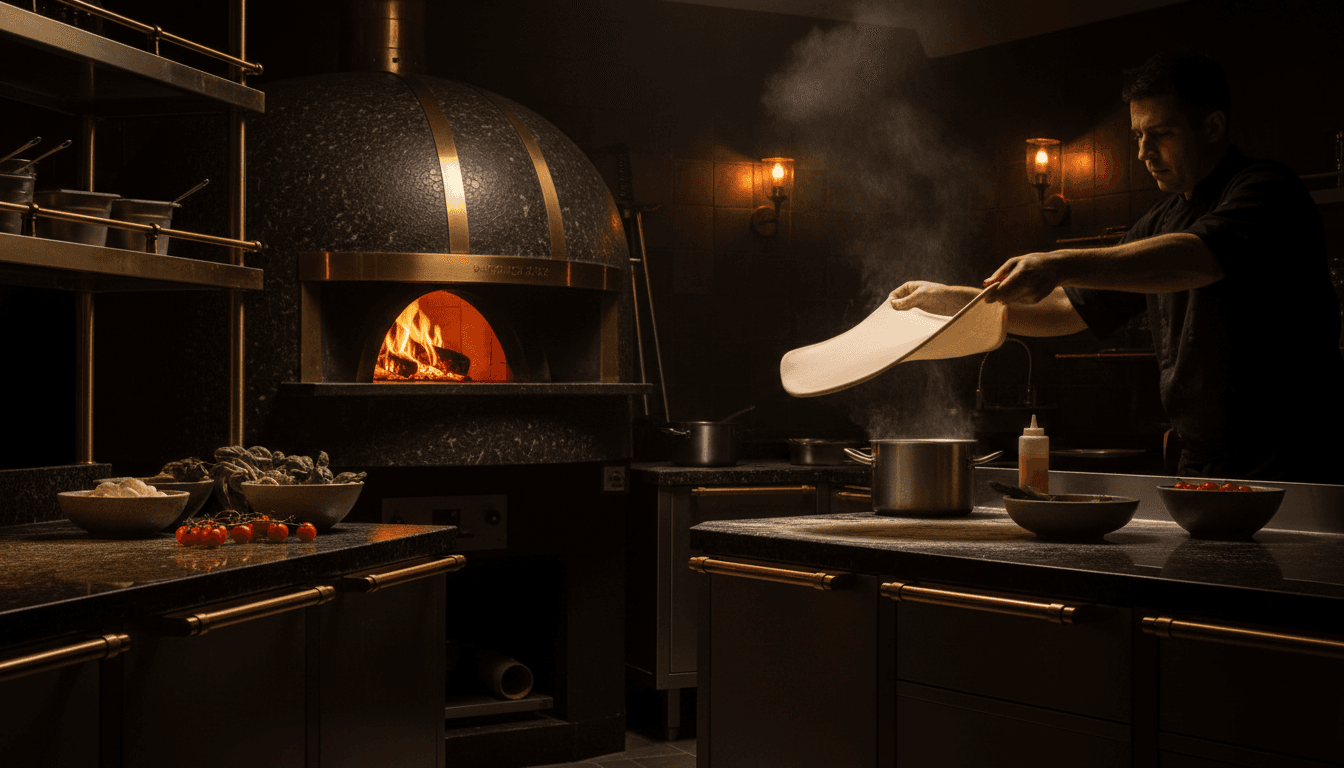Chef preparing fresh pizza dough in Da Pan's premium kitchen with dramatic lighting