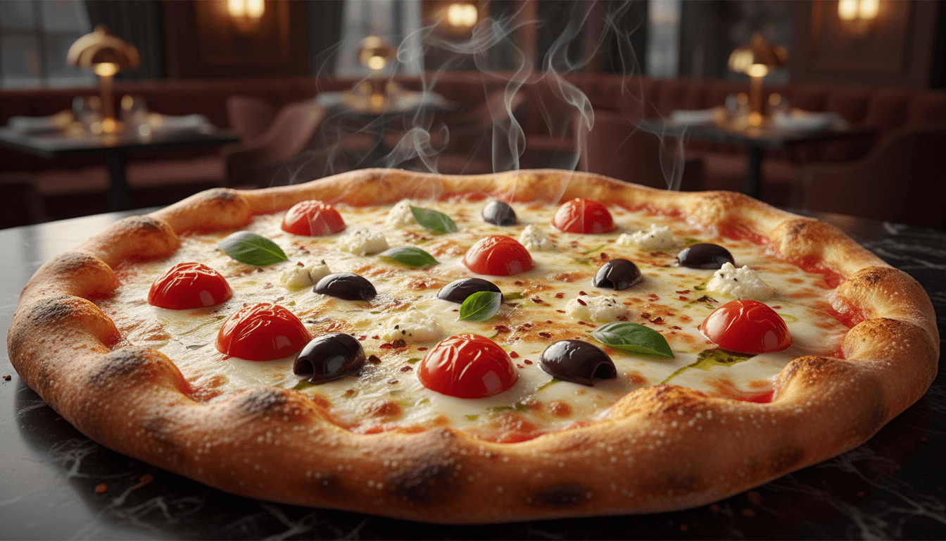 Freshly baked farm-fresh pizza with premium ingredients and cinematic lighting