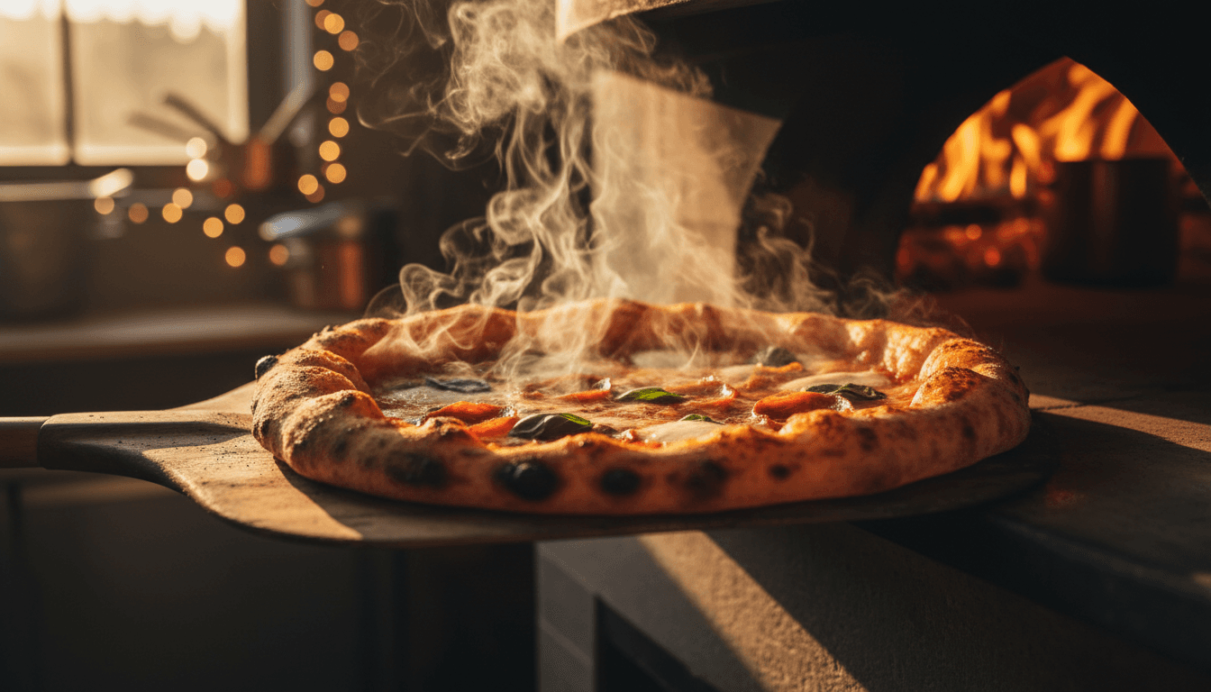 Fresh pizzas being pulled from wood-fired oven at Da Pan's Pizza
