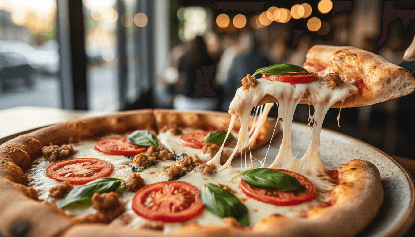 Close-up of premium pizza slice with stretching cheese and fresh toppings on ceramic plate