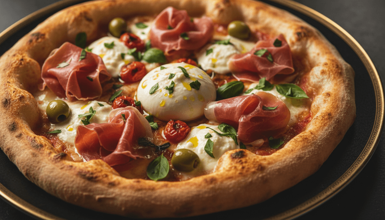 Close-up of Da Pan's signature pizza showcasing premium ingredients and artisanal presentation