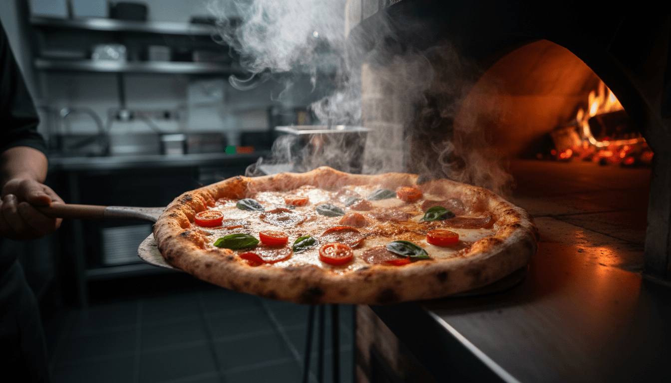 Fresh pizza being pulled from wood-fired oven with dramatic steam and golden-brown crust