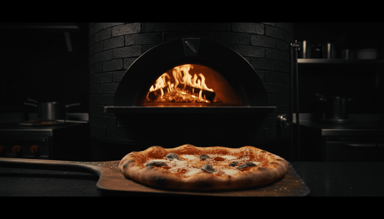 Freshly baked pizza emerging from a wood-fired oven with golden flames in the background