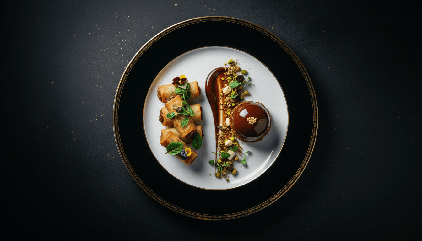 Elegantly plated spring rolls and dessert on premium fine-dining tableware