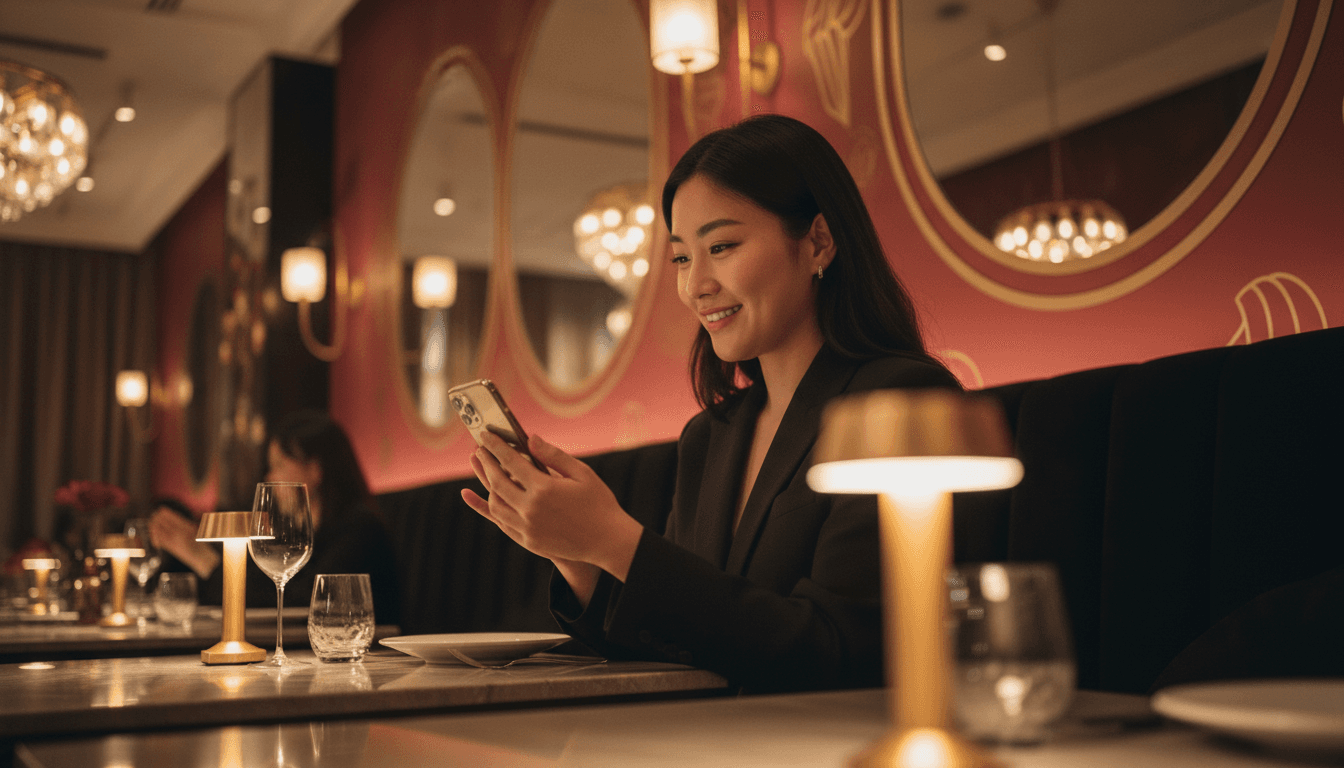 Person holding smartphone in upscale restaurant setting