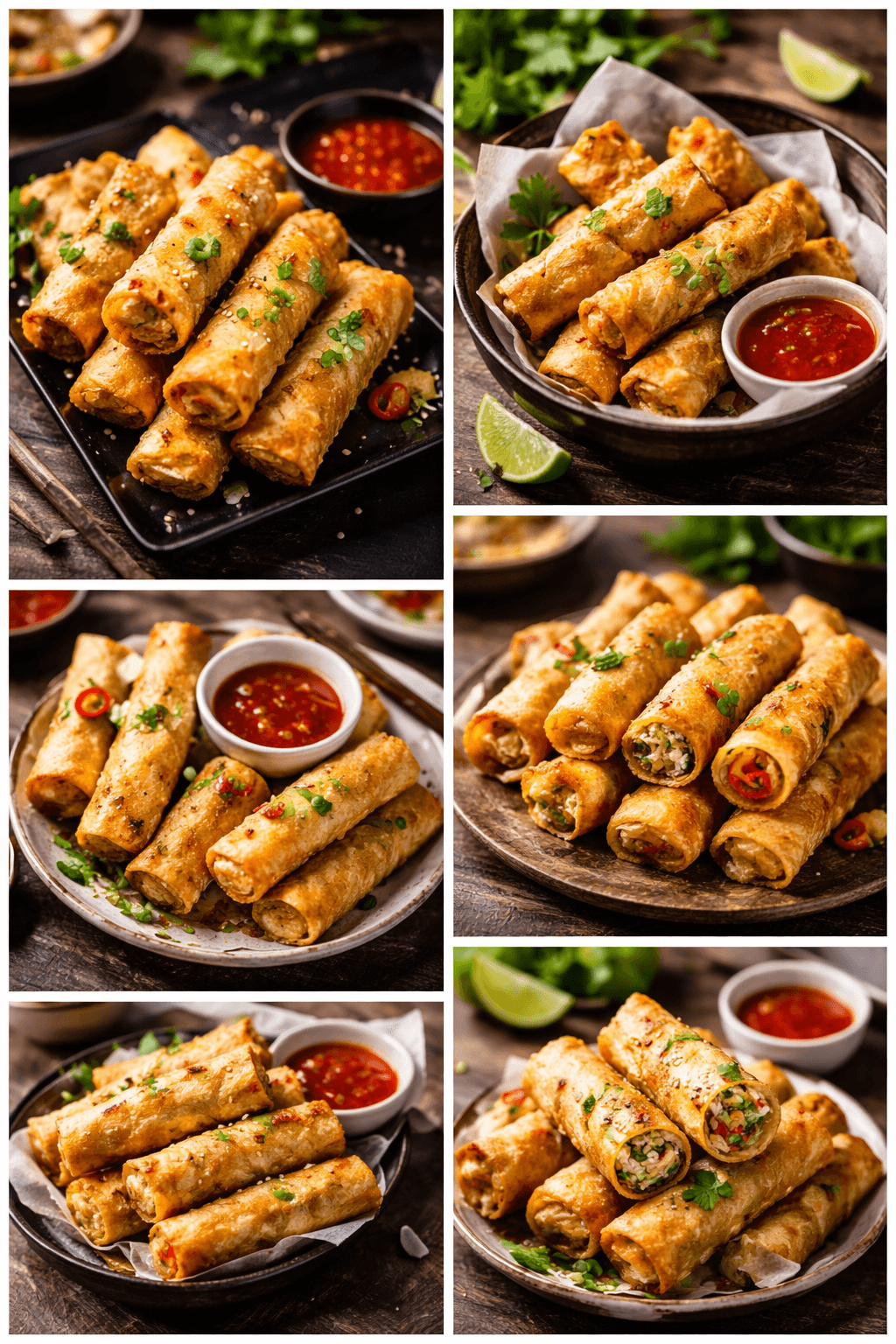 Collage of crispy golden spring rolls garnished with herbs and served with red chili sauce.