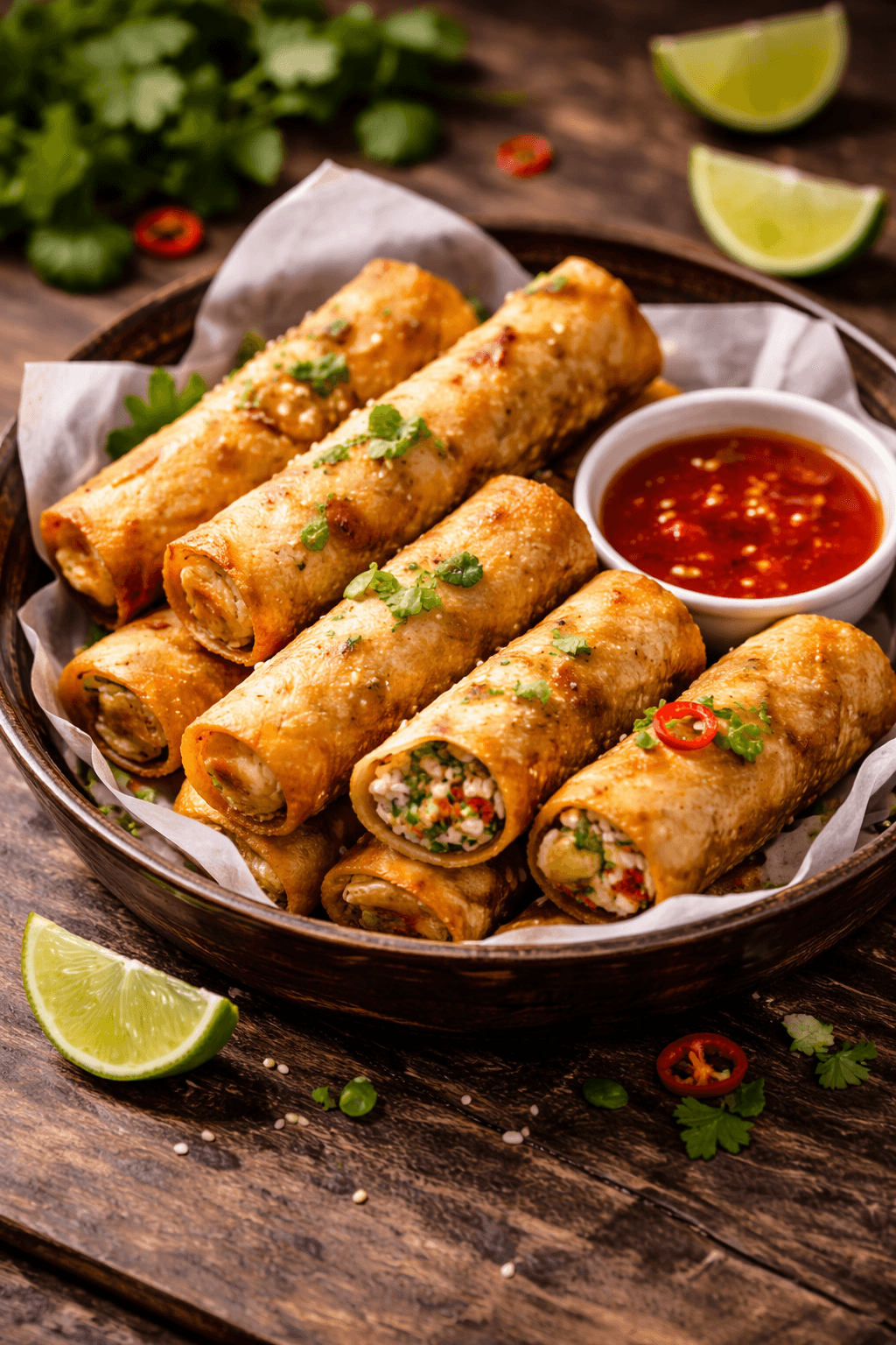 Crispy golden spring rolls served with sweet chili dipping sauce, lime wedges, and fresh cilantro.